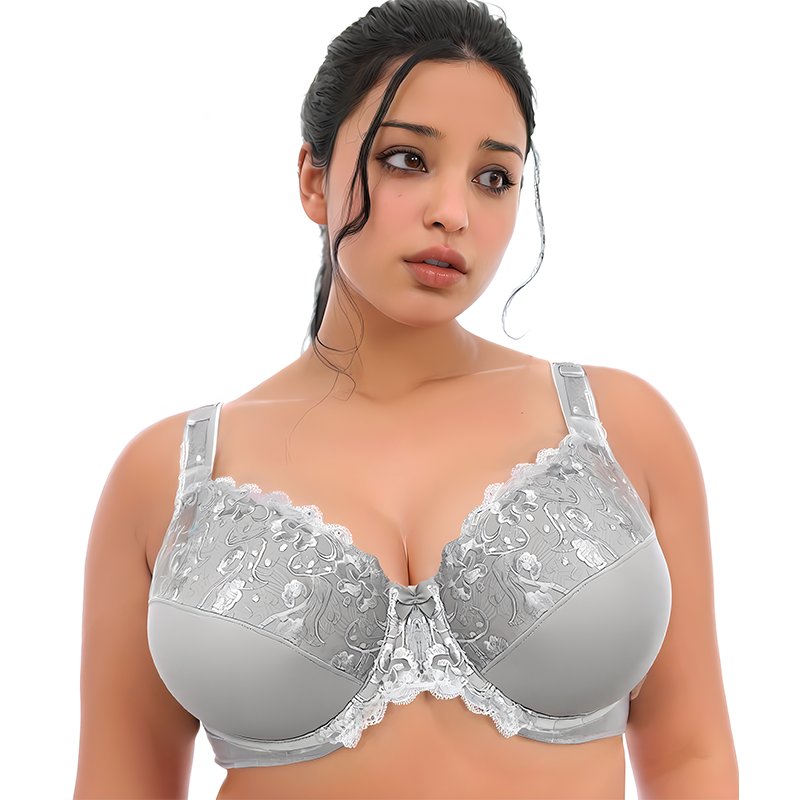 Plus Size Women's Lace Minimizer Bra | Full Cup Non-Padded Underwire Floral Embroidery Bra C-H