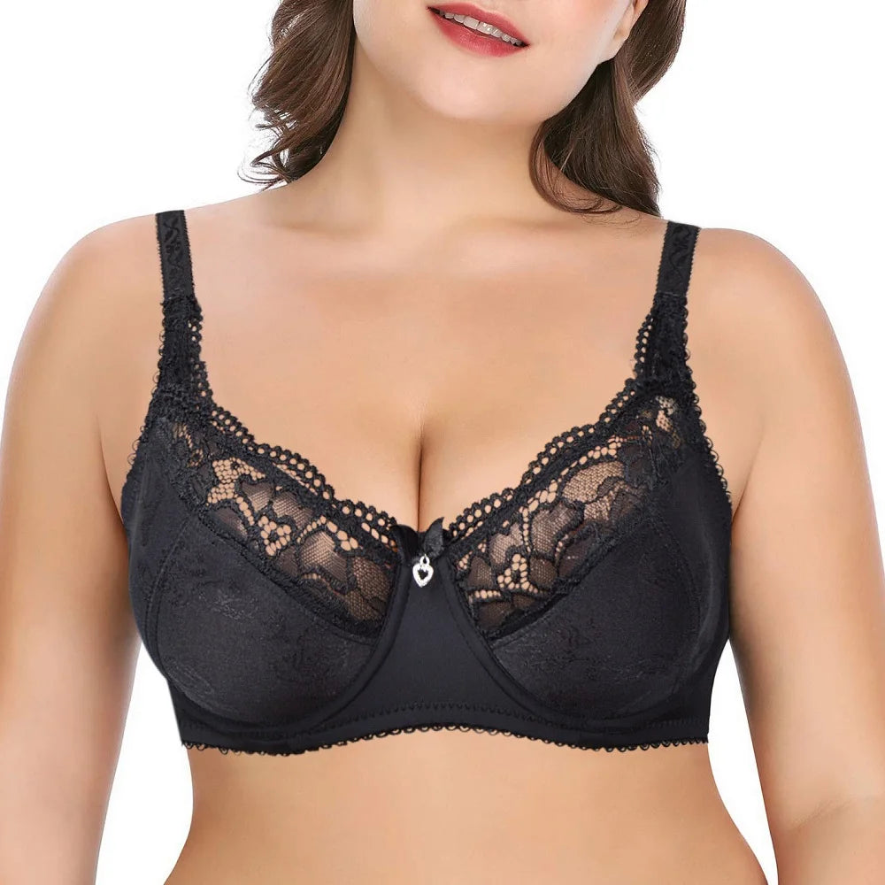 Plus Size Sheer Lace Underwire Bra | Full Cup Unpadded Mesh Embroidery