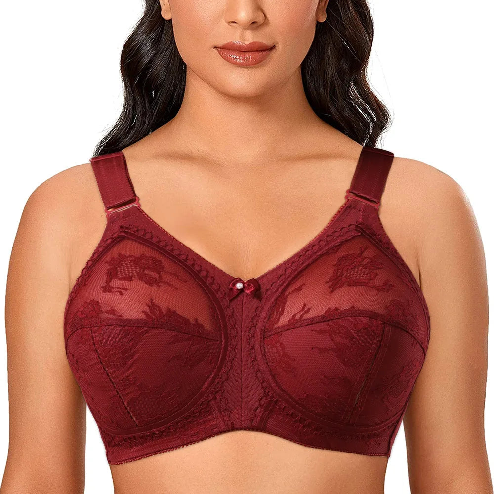Plus Size Wine Red Sexy Bra | Full Coverage Ultra-Thin Wireless Minimizer B-E Cup