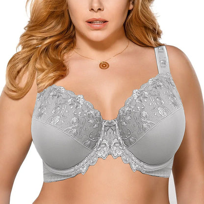 Plus Size Women's Lace Minimizer Bra | Full Cup Non-Padded Underwire Floral Embroidery Bra C-H