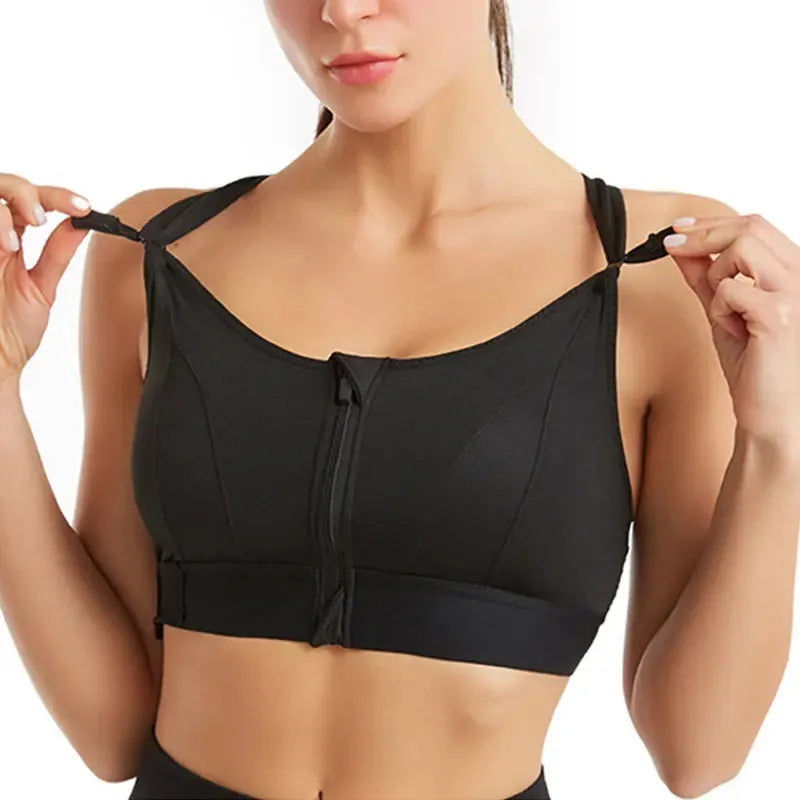 Plus Size Women's Shockproof Sports Bra | Front Zipper Adjustable Straps for Running & Fitness