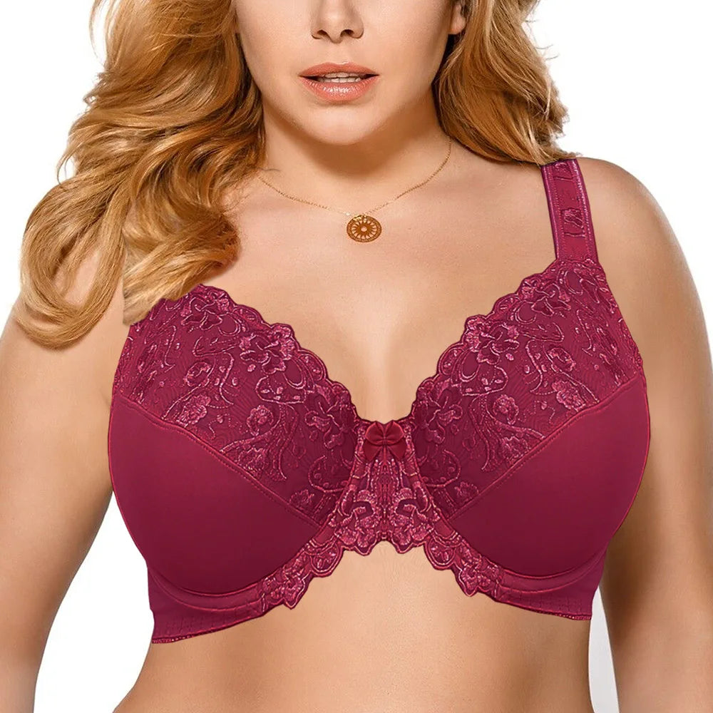 Plus Size Women's Lace Minimizer Bra | Full Cup Non-Padded Underwire Floral Embroidery Bra C-H