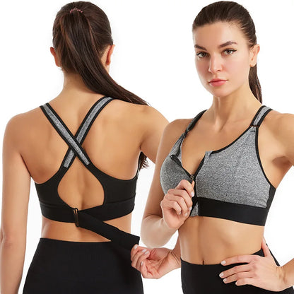 Plus Size Women's Shockproof Sports Bra | Front Zipper Adjustable Straps for Running & Fitness