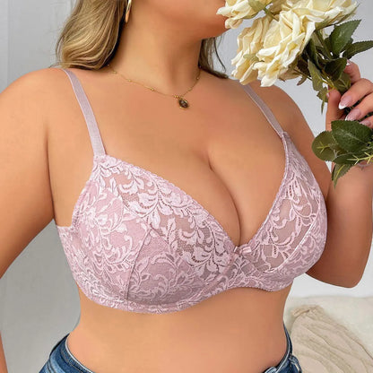 Plus Size Floral Lace Half-Transparent Bra | Breathable Unlined Thin Bra for Women