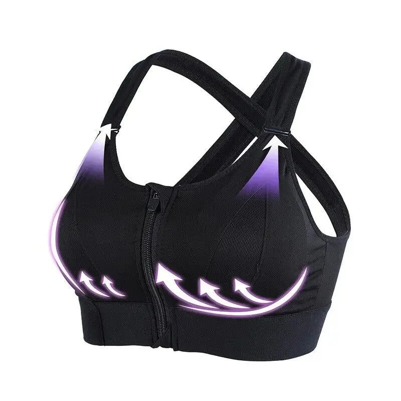 Plus Size Women's Shockproof Sports Bra | Front Zipper Adjustable Straps for Running & Fitness