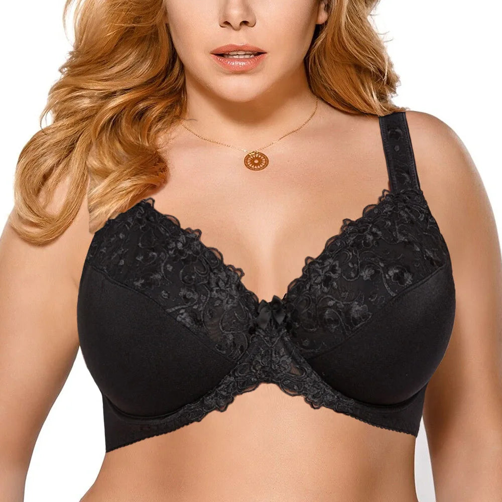 Plus Size Women's Lace Minimizer Bra | Full Cup Non-Padded Underwire Floral Embroidery Bra C-H