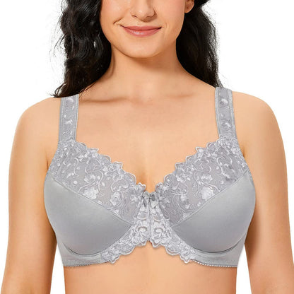 Plus Size Women's Lace Minimizer Bra | Full Cup Non-Padded Underwire Floral Embroidery Bra C-H