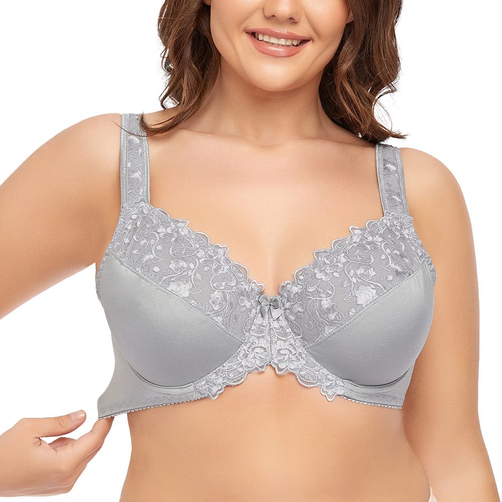 Plus Size Women's Lace Minimizer Bra | Full Cup Non-Padded Underwire Floral Embroidery Bra C-H