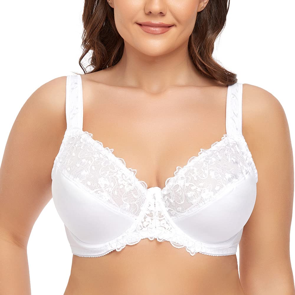 Plus Size Women's Lace Minimizer Bra | Full Cup Non-Padded Underwire Floral Embroidery Bra C-H