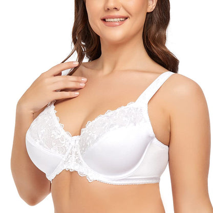 Plus Size Women's Lace Minimizer Bra | Full Cup Non-Padded Underwire Floral Embroidery Bra C-H