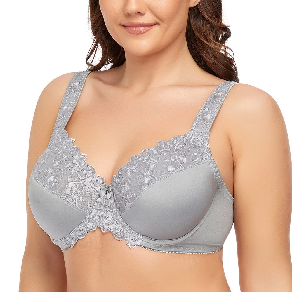 Plus Size Women's Lace Minimizer Bra | Full Cup Non-Padded Underwire Floral Embroidery Bra C-H