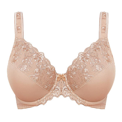 Plus Size Women's Lace Minimizer Bra | Full Cup Non-Padded Underwire Floral Embroidery Bra C-H